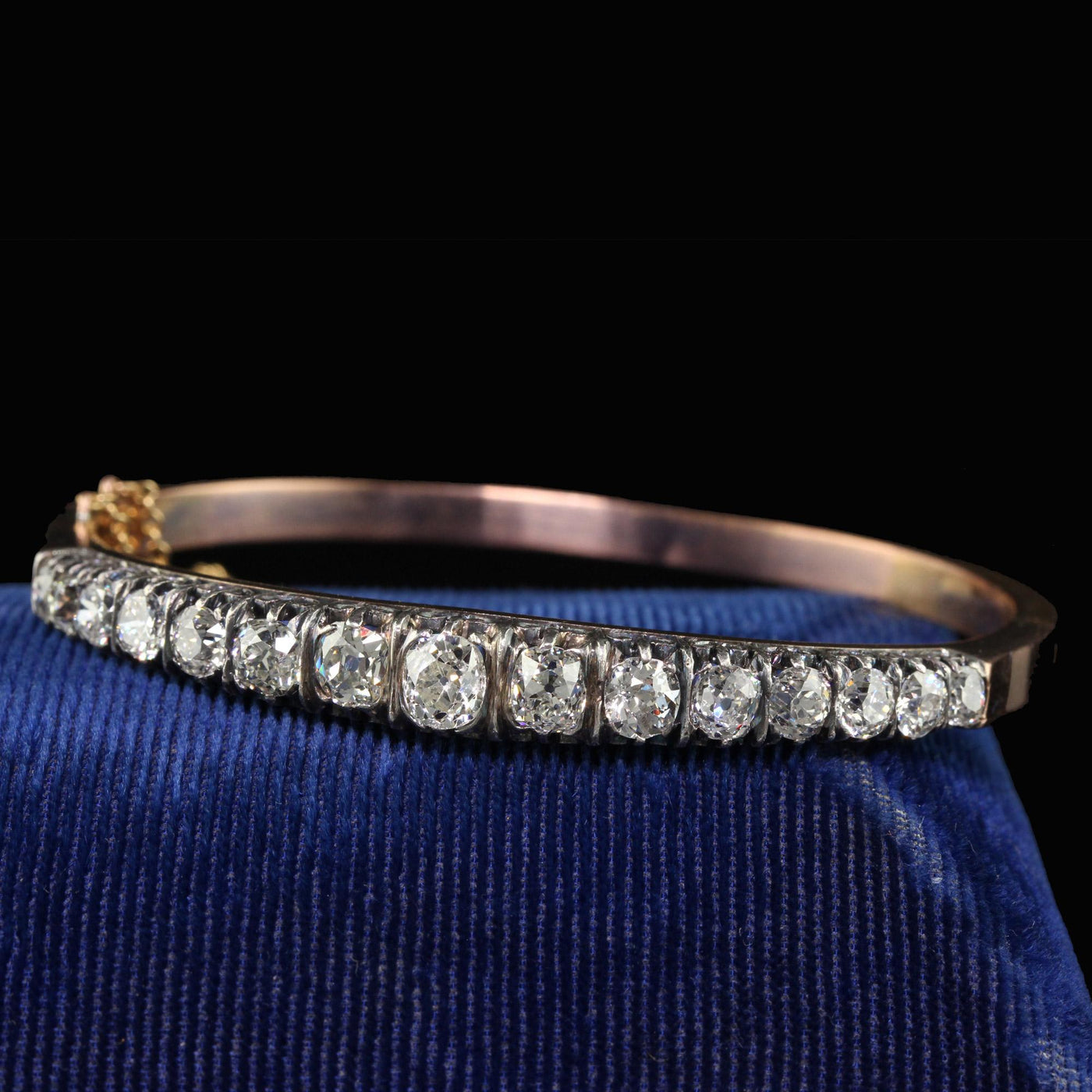 Antique Victorian French 18K Yellow Gold Old Mine Diamond Line Bangle Bracelet
