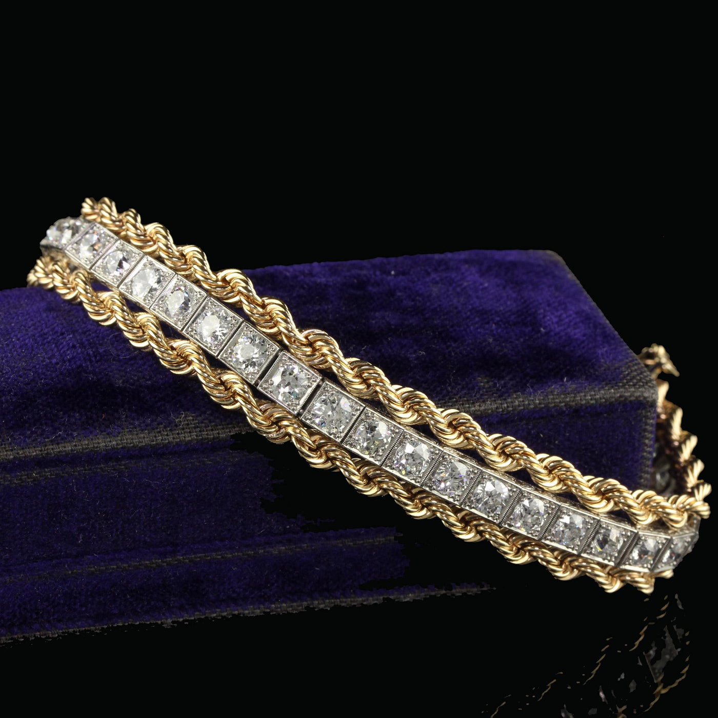 Antique Retro Art Deco Platinum Yellow Gold Old Euro Diamond Bracelet