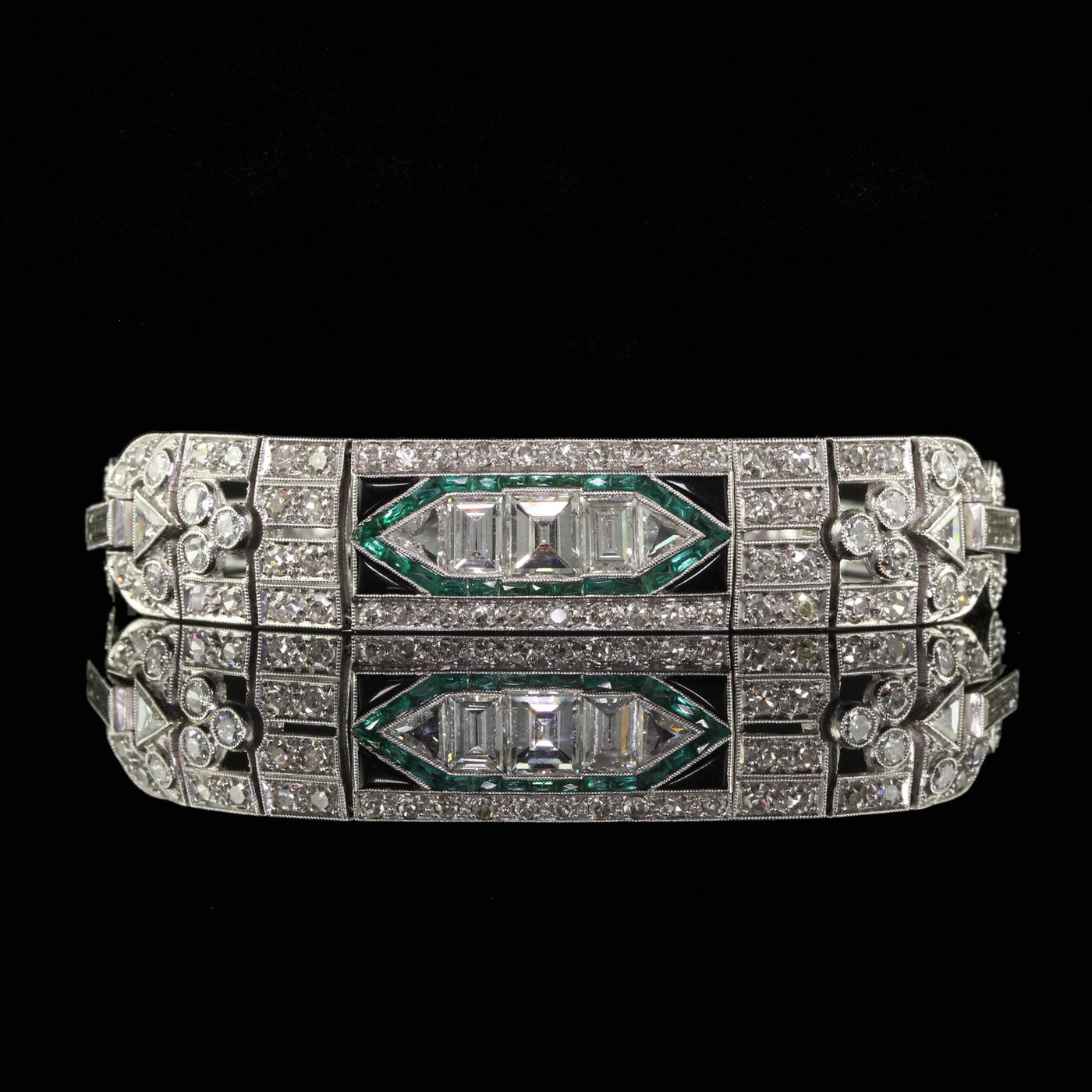 Antique Art Deco Platinum Old Carre Cut Diamond Emerald Onyx Bracelet