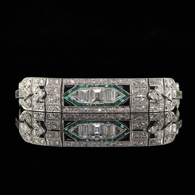 Antique Art Deco Platinum Old Carre Cut Diamond Emerald Onyx Bracelet