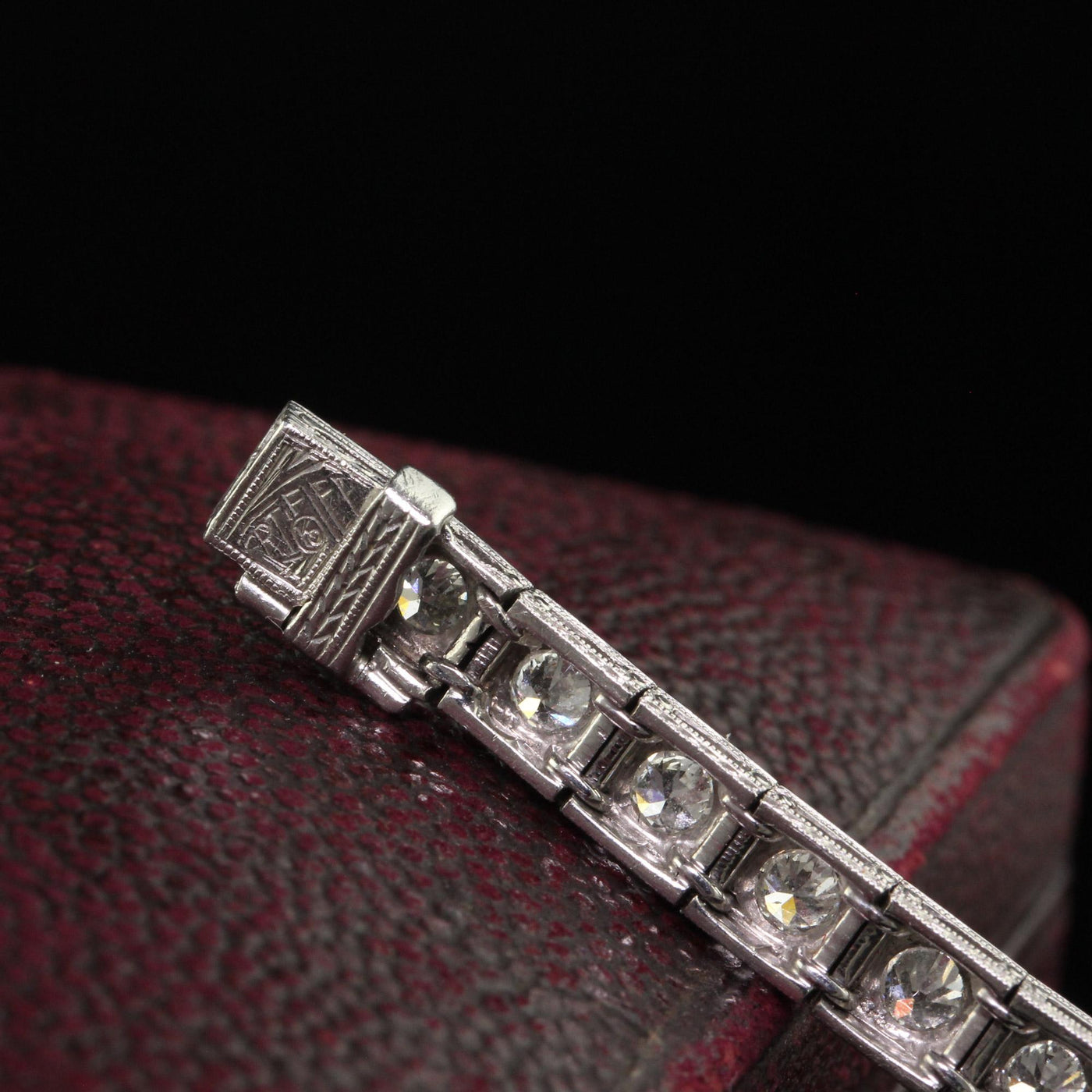 Antique Art Deco Platinum Old Carre Cut Diamond Emerald Onyx Bracelet