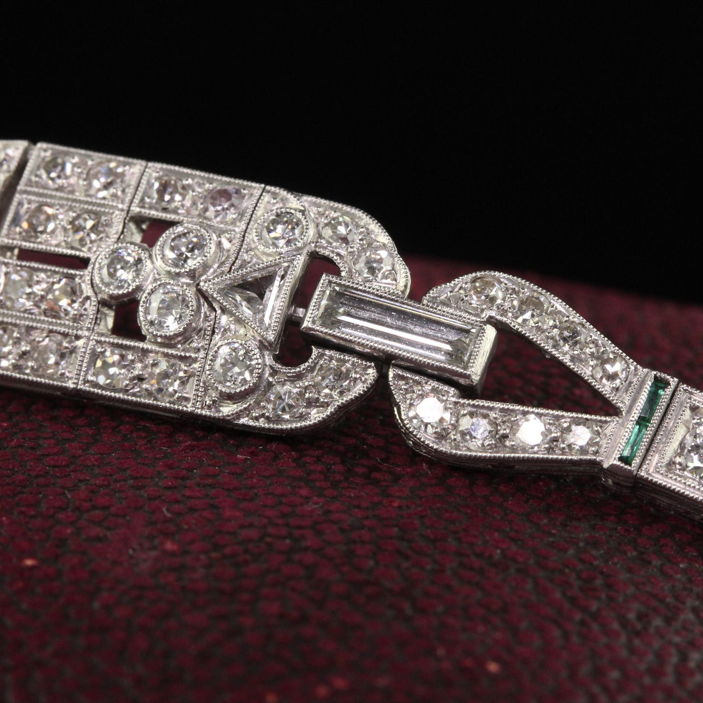 Antique Art Deco Platinum Old Carre Cut Diamond Emerald Onyx Bracelet