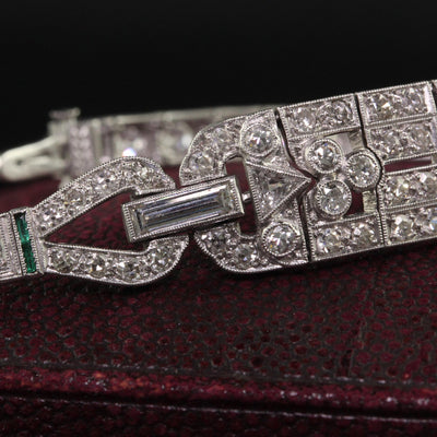 Antique Art Deco Platinum Old Carre Cut Diamond Emerald Onyx Bracelet