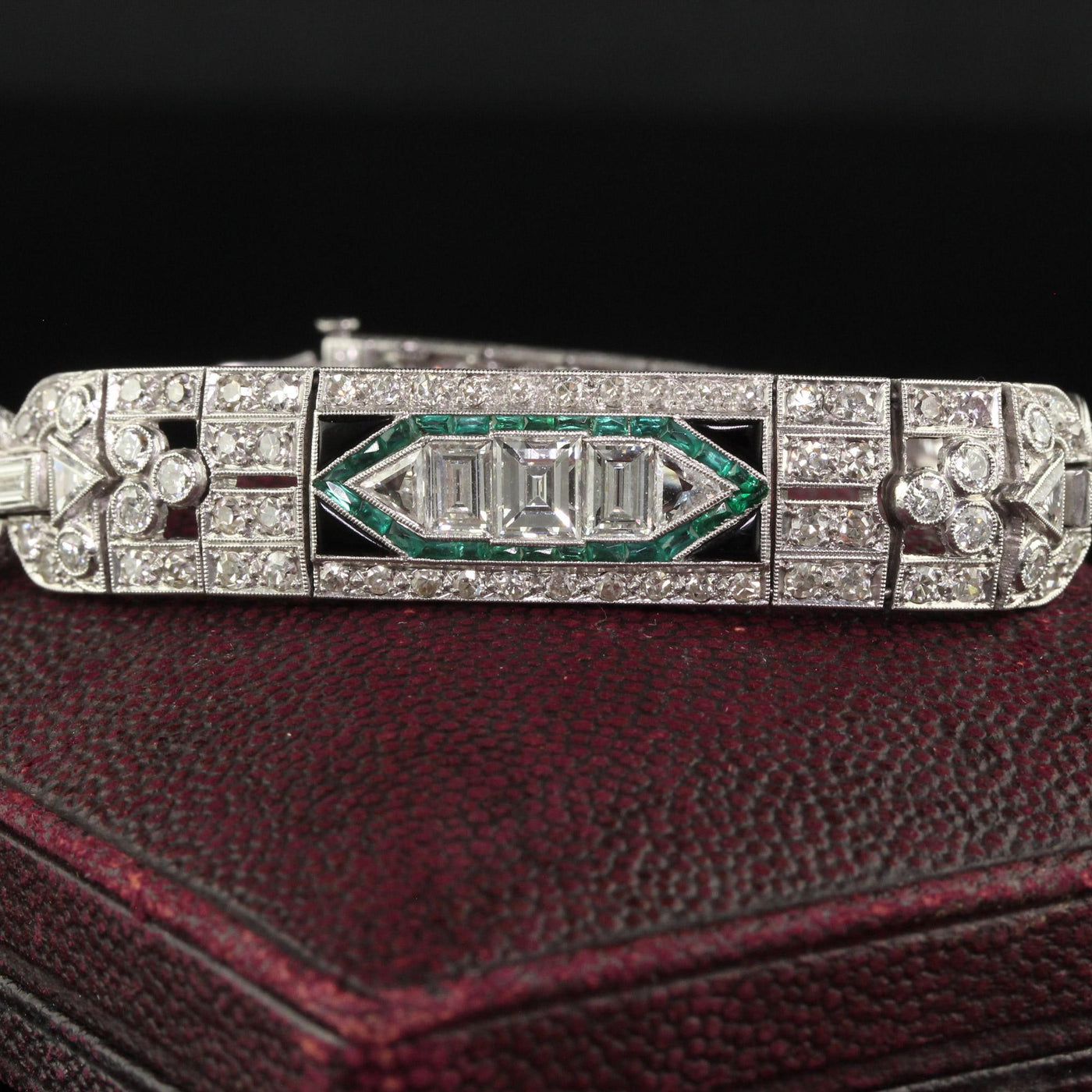 Antique Art Deco Platinum Old Carre Cut Diamond Emerald Onyx Bracelet