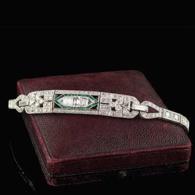 Antique Art Deco Platinum Old Carre Cut Diamond Emerald Onyx Bracelet