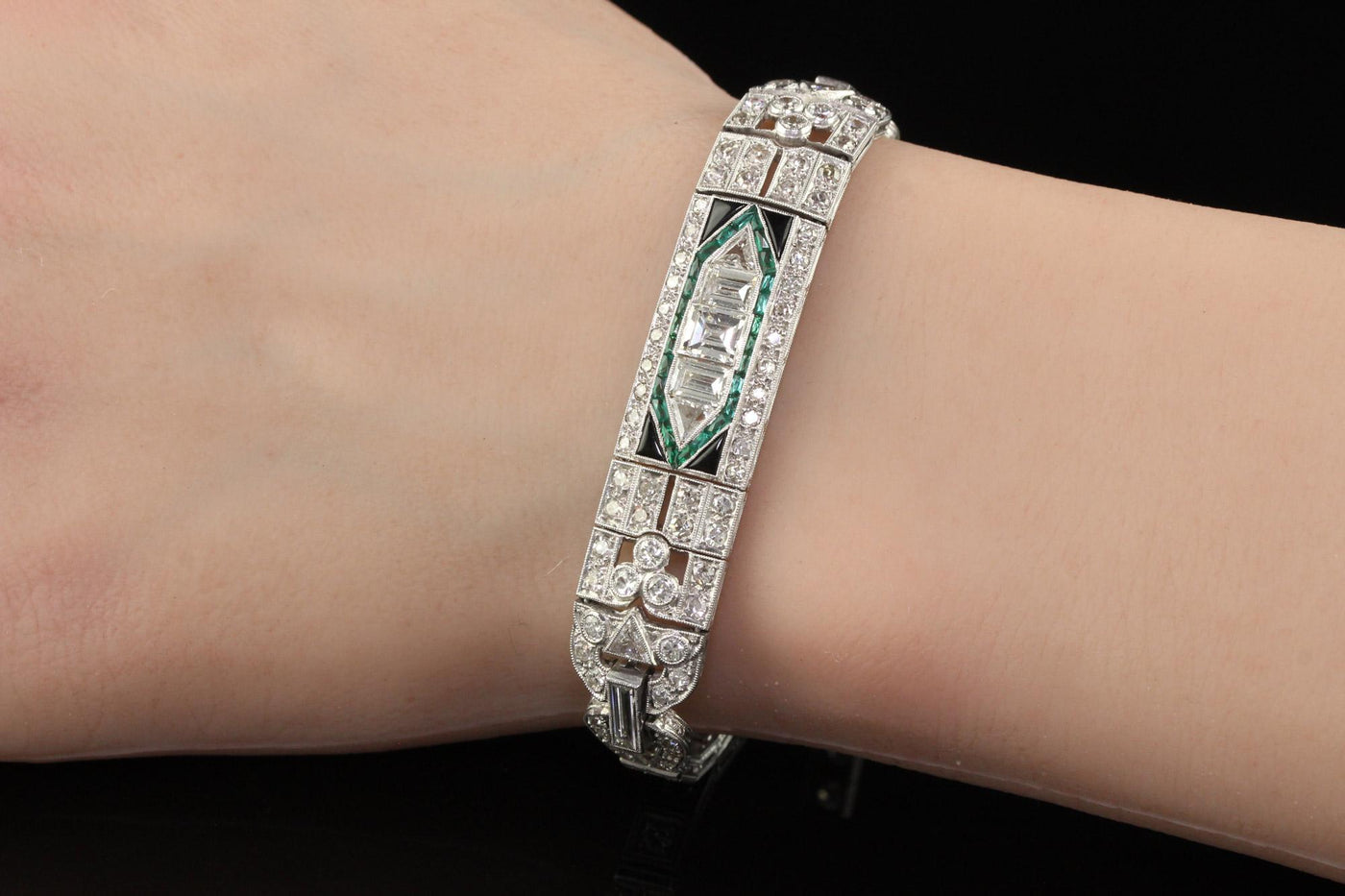 Antique Art Deco Platinum Old Carre Cut Diamond Emerald Onyx Bracelet