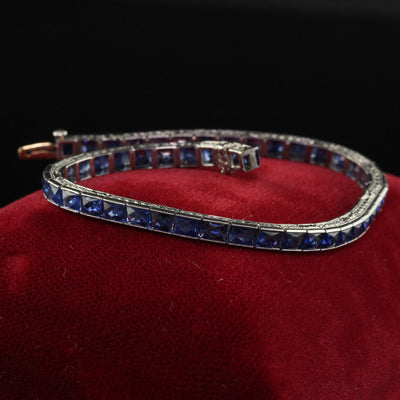 Antique Art Deco Platinum Natural French Cut Sapphire Engraved Line Bracelet