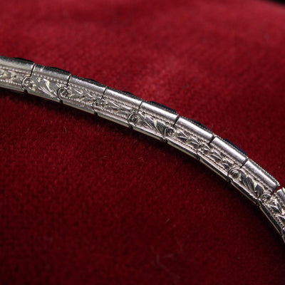 Antique Art Deco Platinum Natural French Cut Sapphire Engraved Line Bracelet