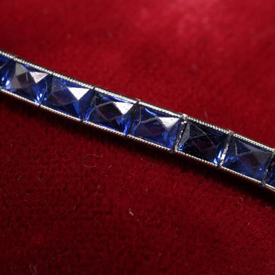 Antique Art Deco Platinum Natural French Cut Sapphire Engraved Line Bracelet