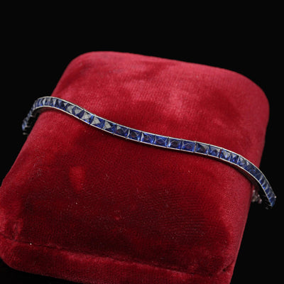 Antique Art Deco Platinum Natural French Cut Sapphire Engraved Line Bracelet