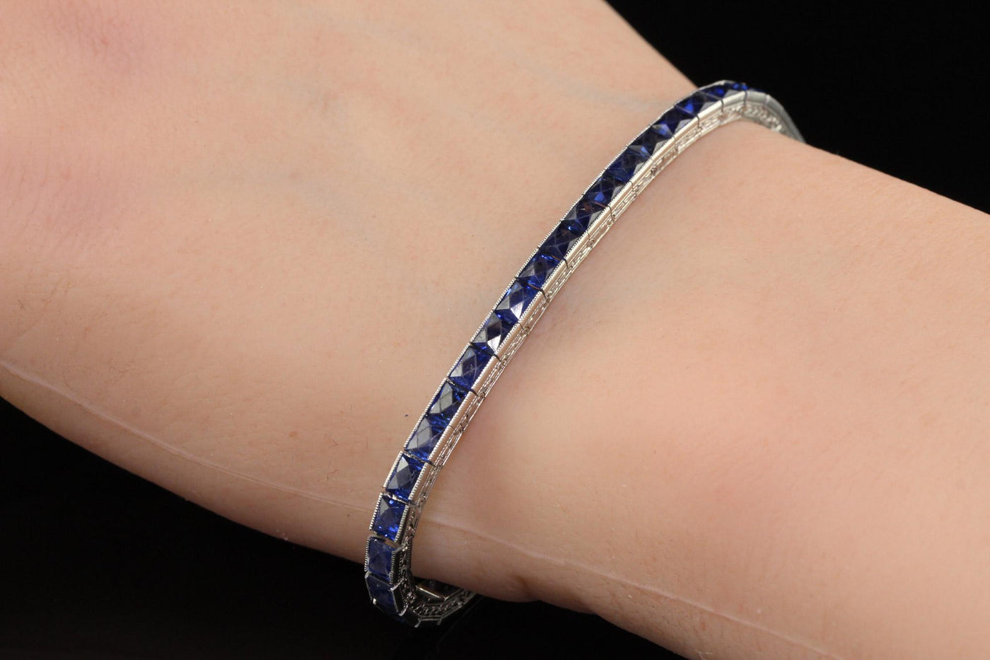 Antique Art Deco Platinum Natural French Cut Sapphire Engraved Line Bracelet