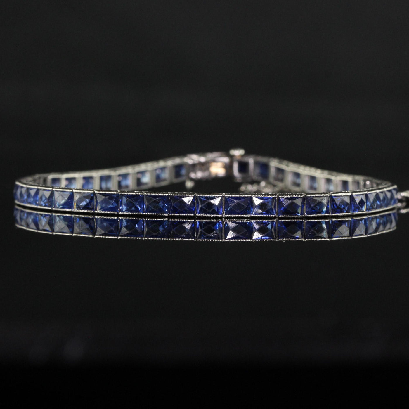 Antique Art Deco Platinum Natural French Cut Sapphire Engraved Line Bracelet