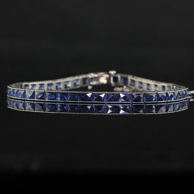 Antique Art Deco Platinum Natural French Cut Sapphire Engraved Line Bracelet