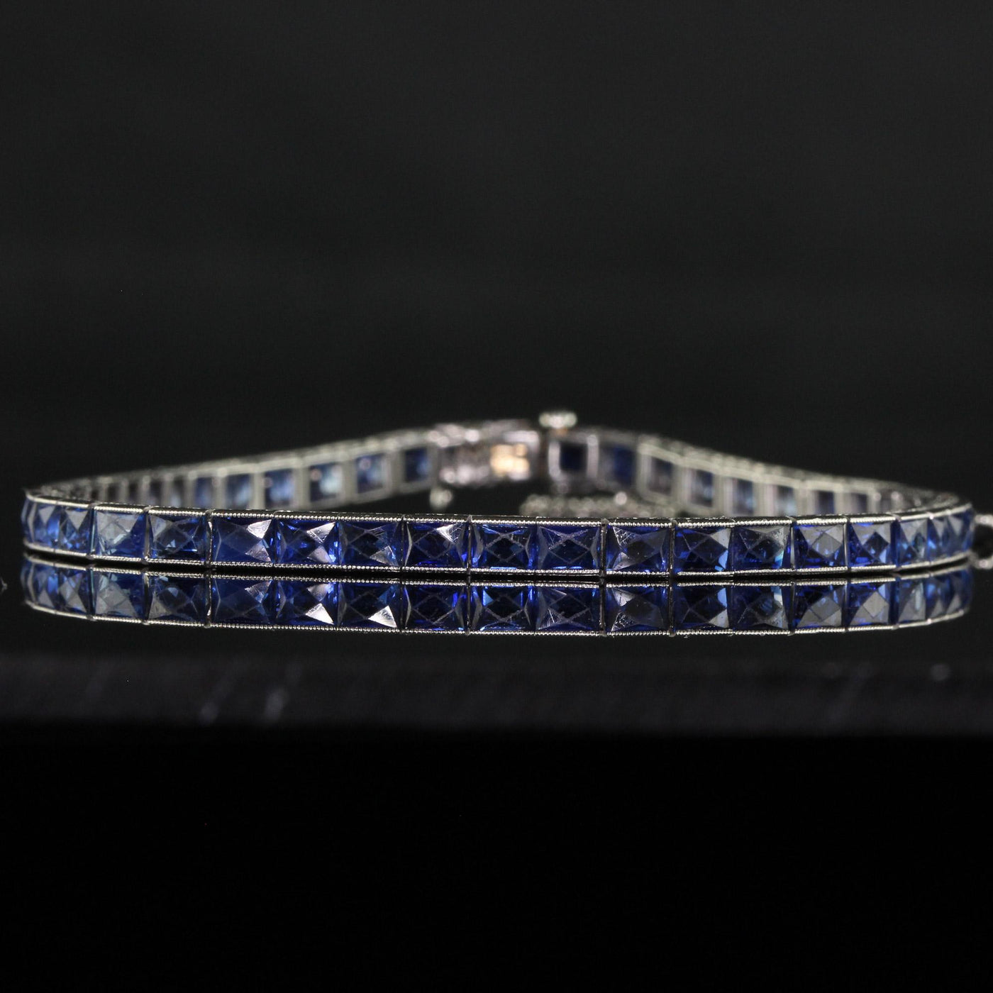 Antique Art Deco Platinum Natural French Cut Sapphire Engraved Line Bracelet