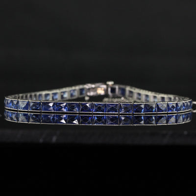 Antique Art Deco Platinum Natural French Cut Sapphire Engraved Line Bracelet