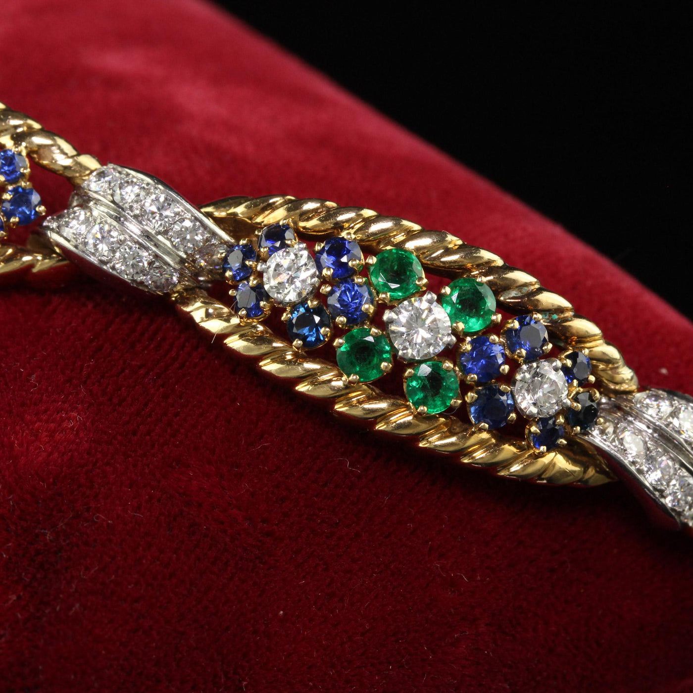 Vintage Retro French 18K Yellow Gold Platinum Diamond Sapphire Emerald Bracelet