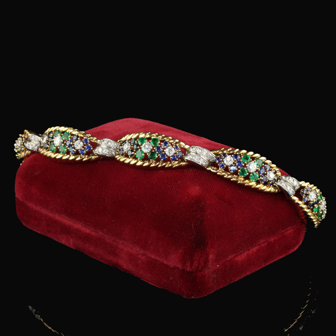 Vintage Retro French 18K Yellow Gold Platinum Diamond Sapphire Emerald Bracelet