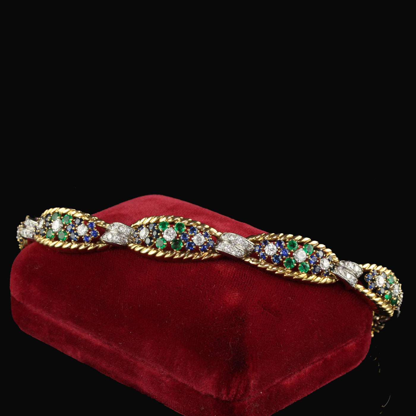 Vintage Retro French 18K Yellow Gold Platinum Diamond Sapphire Emerald Bracelet