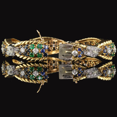 Vintage Retro French 18K Yellow Gold Platinum Diamond Sapphire Emerald Bracelet