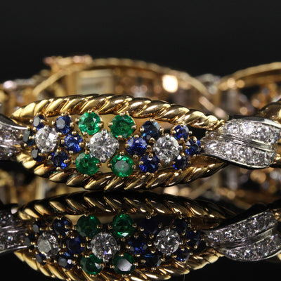 Vintage Retro French 18K Yellow Gold Platinum Diamond Sapphire Emerald Bracelet