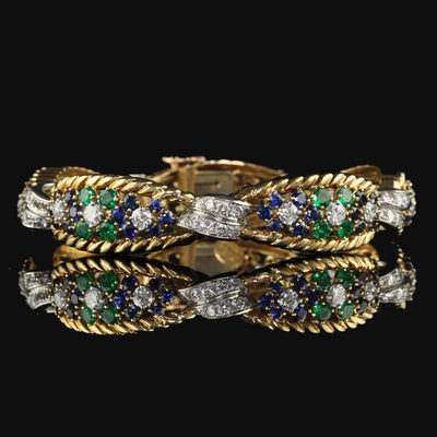 Vintage Retro French 18K Yellow Gold Platinum Diamond Sapphire Emerald Bracelet