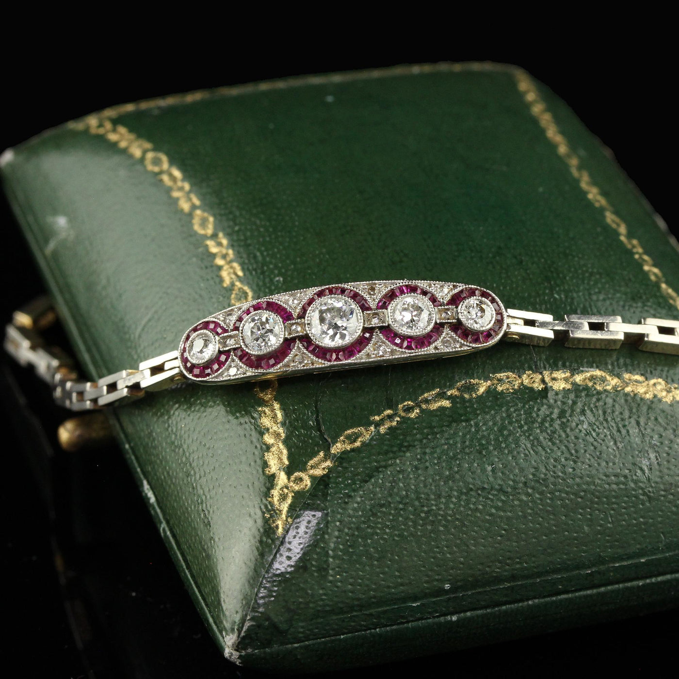 Antique Art Deco 14K Gold and Platinum Old European Diamond Ruby Bracelet