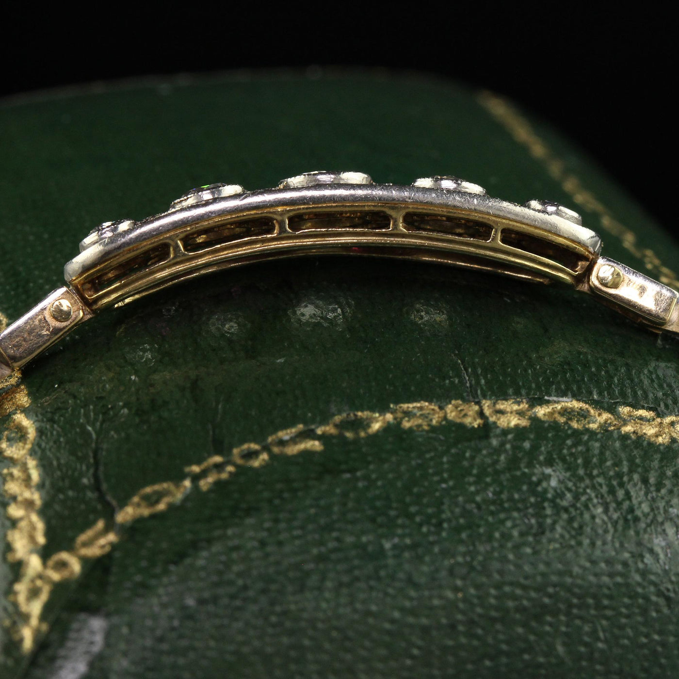 Antique Art Deco 14K Gold and Platinum Old European Diamond Ruby Bracelet