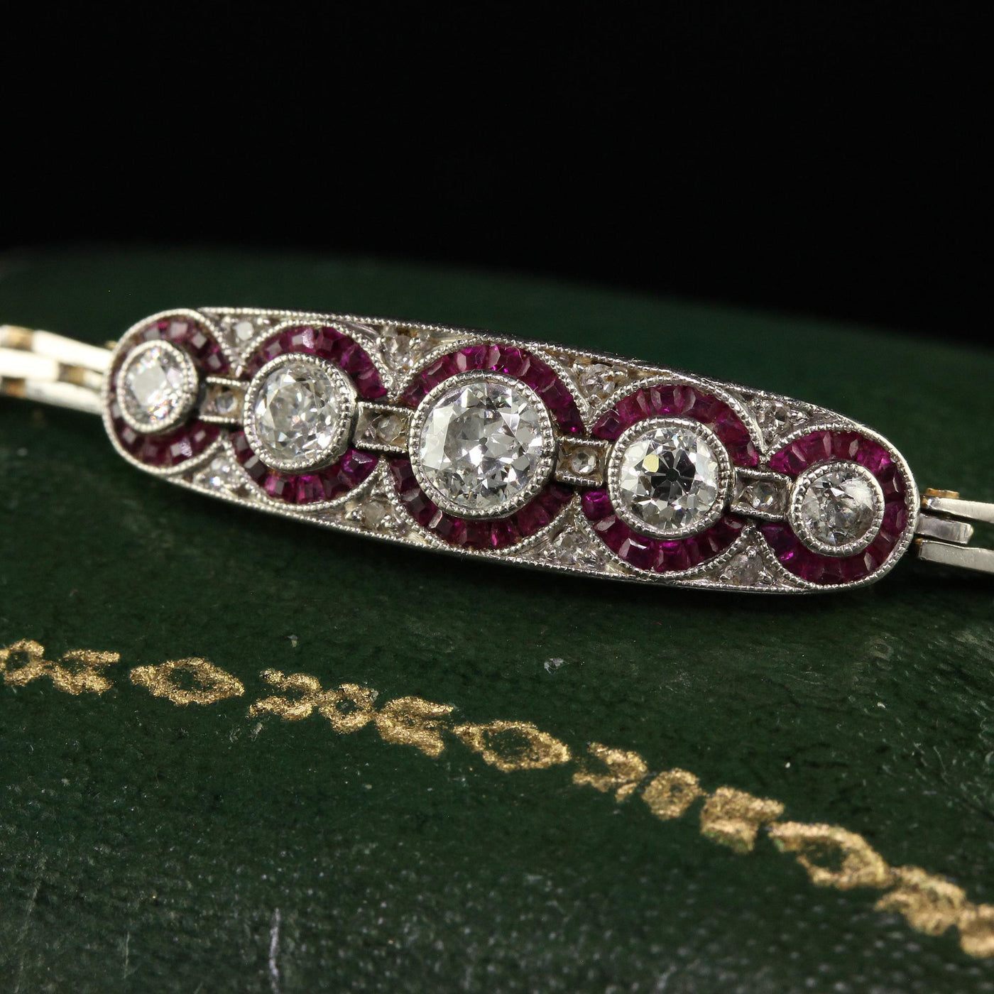 Antique Art Deco 14K Gold and Platinum Old European Diamond Ruby Bracelet