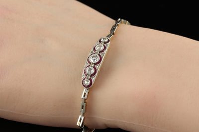 Antique Art Deco 14K Gold and Platinum Old European Diamond Ruby Bracelet