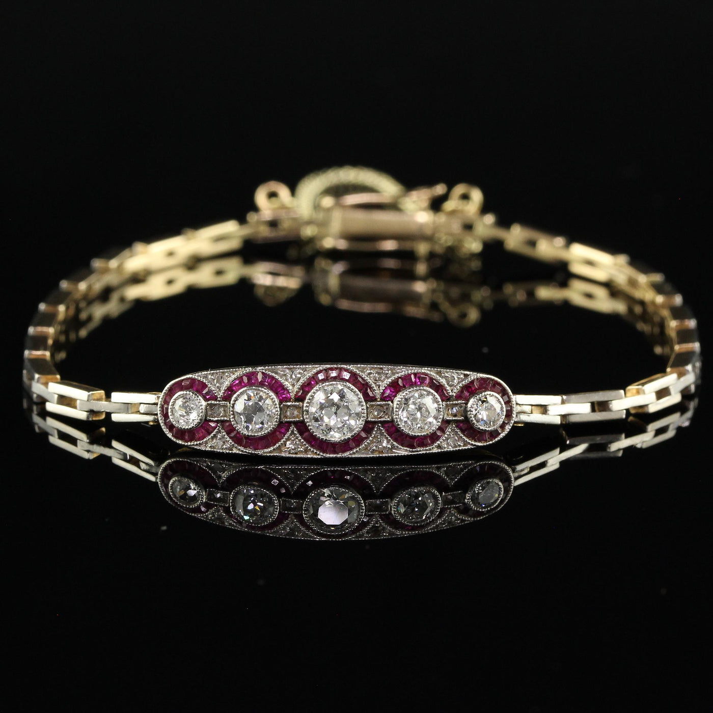 Antique Art Deco 14K Gold and Platinum Old European Diamond Ruby Bracelet