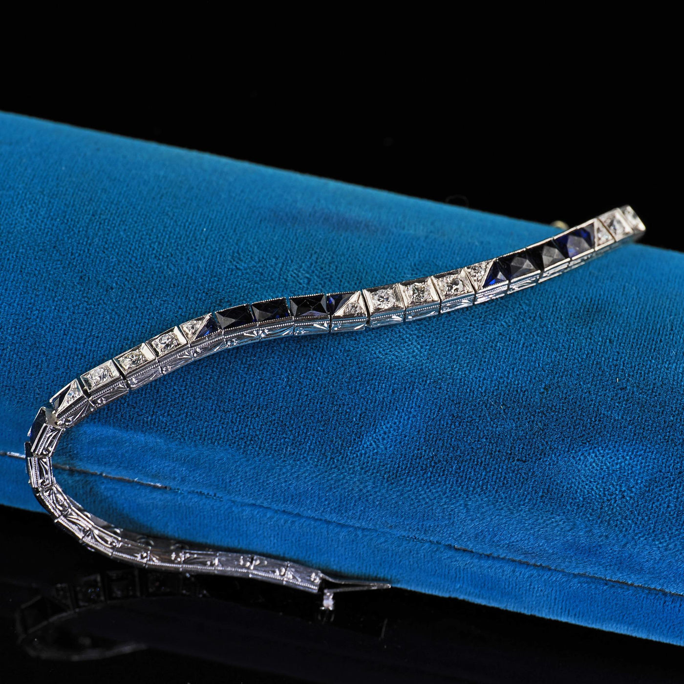 Antique Art Deco Platinum Old Euro Diamond and Synthetic Sapphire Line Bracelet