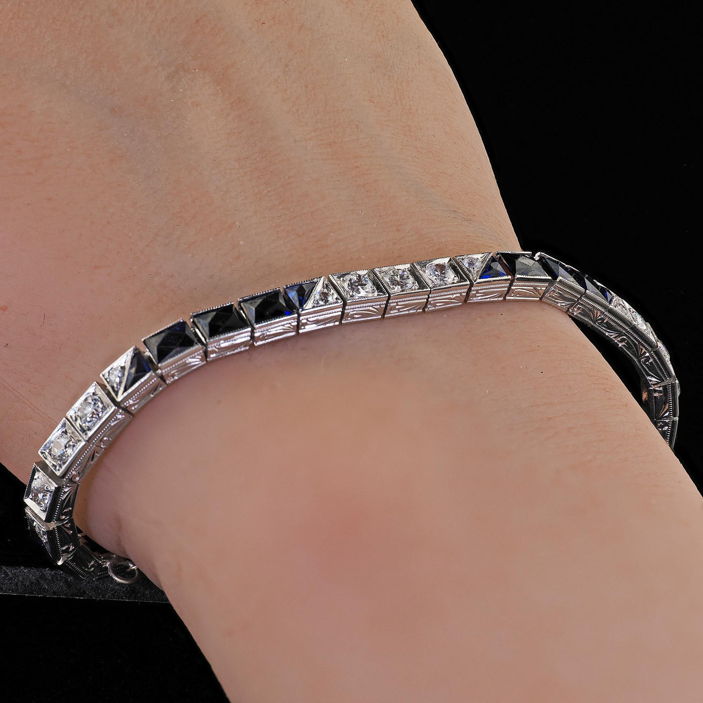 Antique Art Deco Platinum Old Euro Diamond and Synthetic Sapphire Line Bracelet