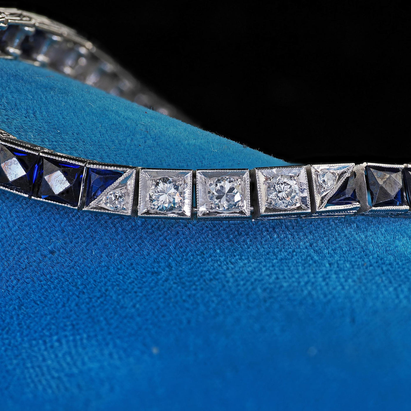 Antique Art Deco Platinum Old Euro Diamond and Synthetic Sapphire Line Bracelet