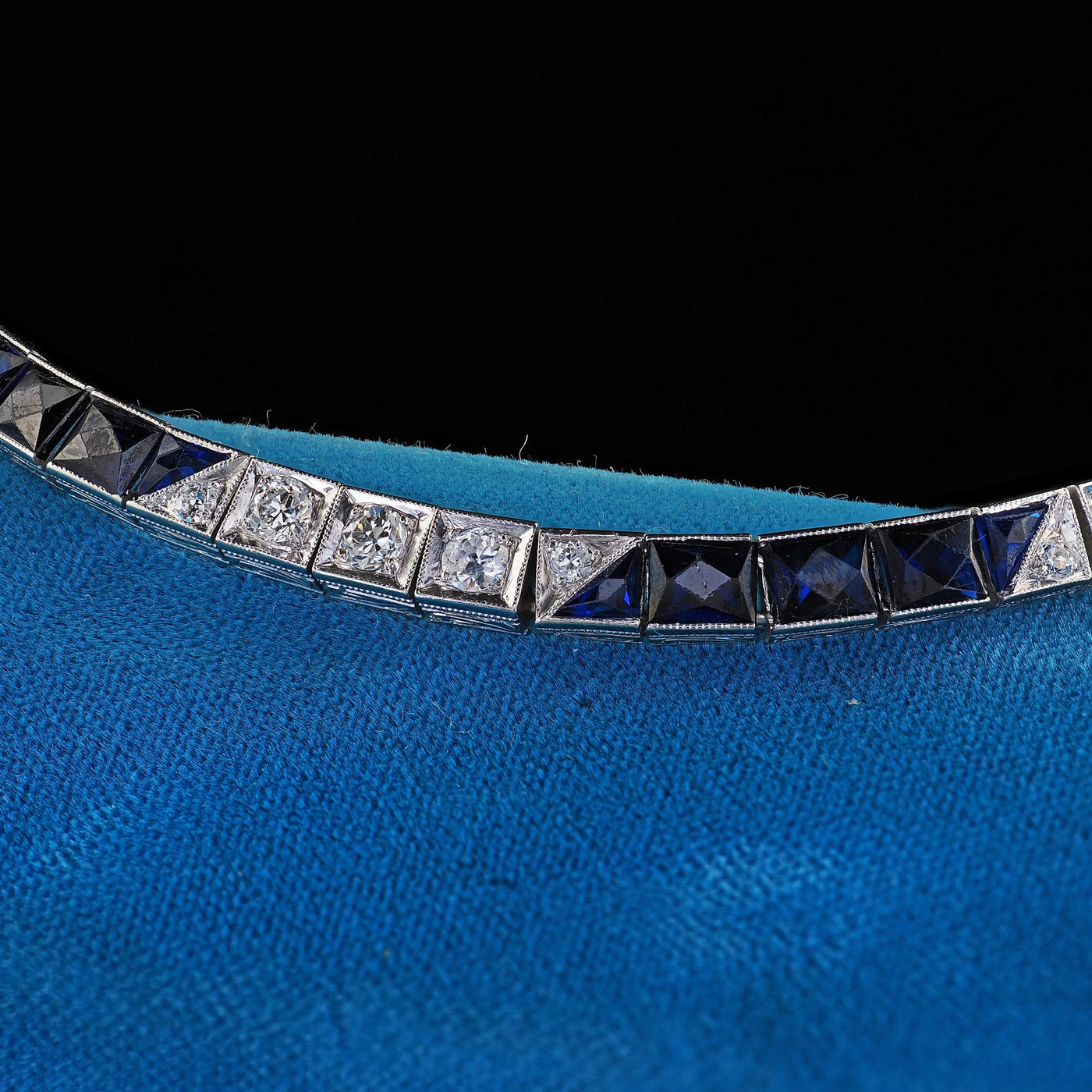 Antique Art Deco Platinum Old Euro Diamond and Synthetic Sapphire Line Bracelet