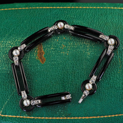 Antique Art Deco Platinum Onyx Old European Diamond Pearl Link Bracelet