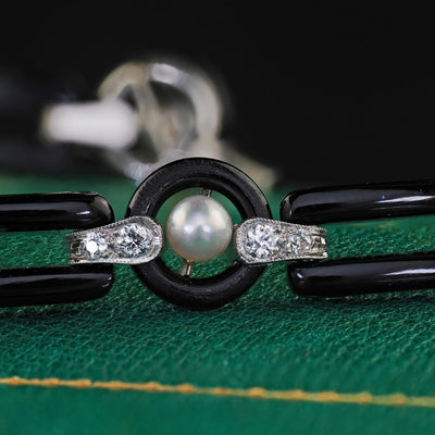 Antique Art Deco Platinum Onyx Old European Diamond Pearl Link Bracelet