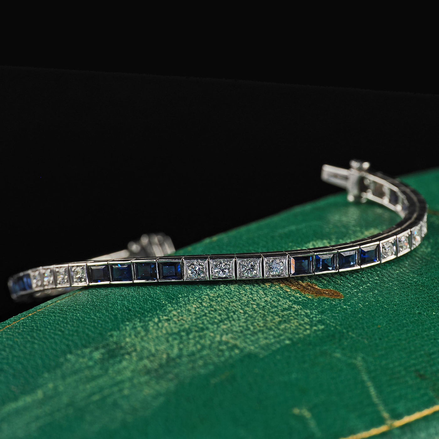 Vintage Estate 14K White Gold Diamond and Sapphire Line Bracelet - 7 1/4 inches