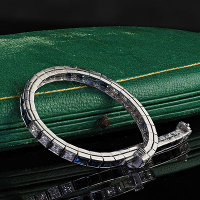 Vintage Estate 14K White Gold Diamond and Sapphire Line Bracelet - 7 1/4 inches