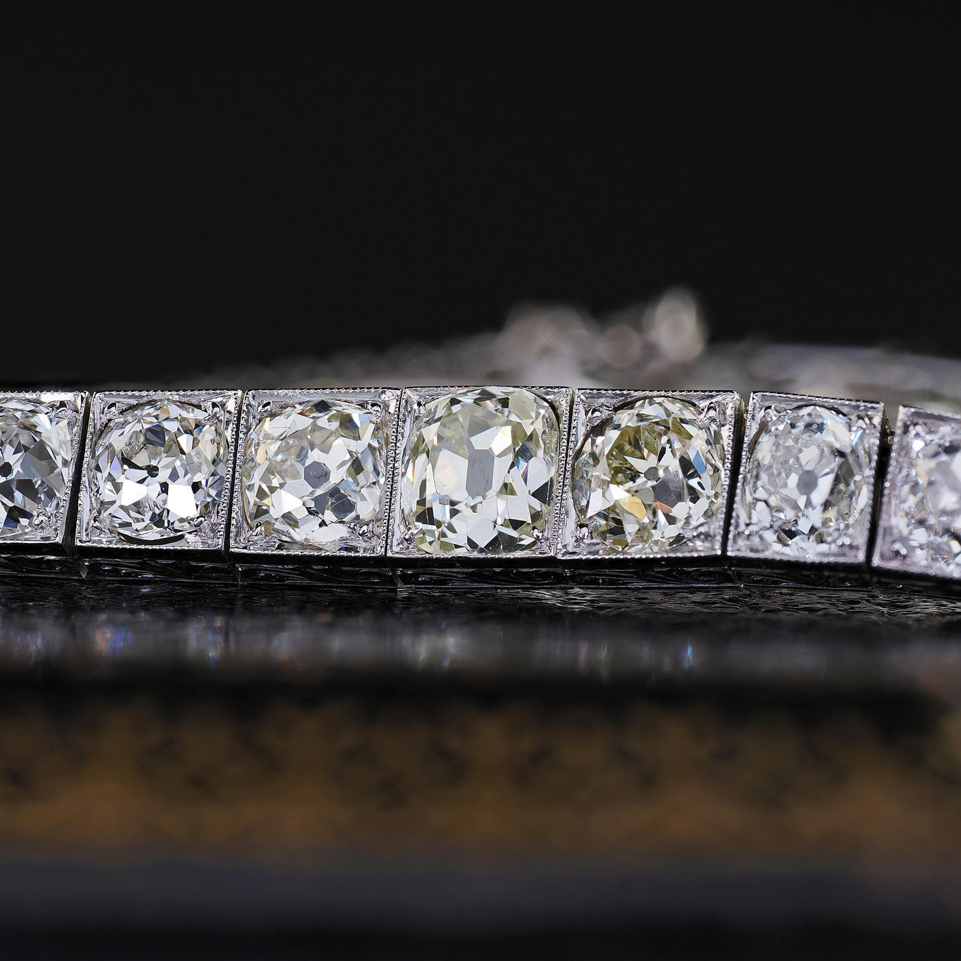 Antique Art Deco Platinum Old Mine Graduated Diamond Engraved Tennis Bracelet