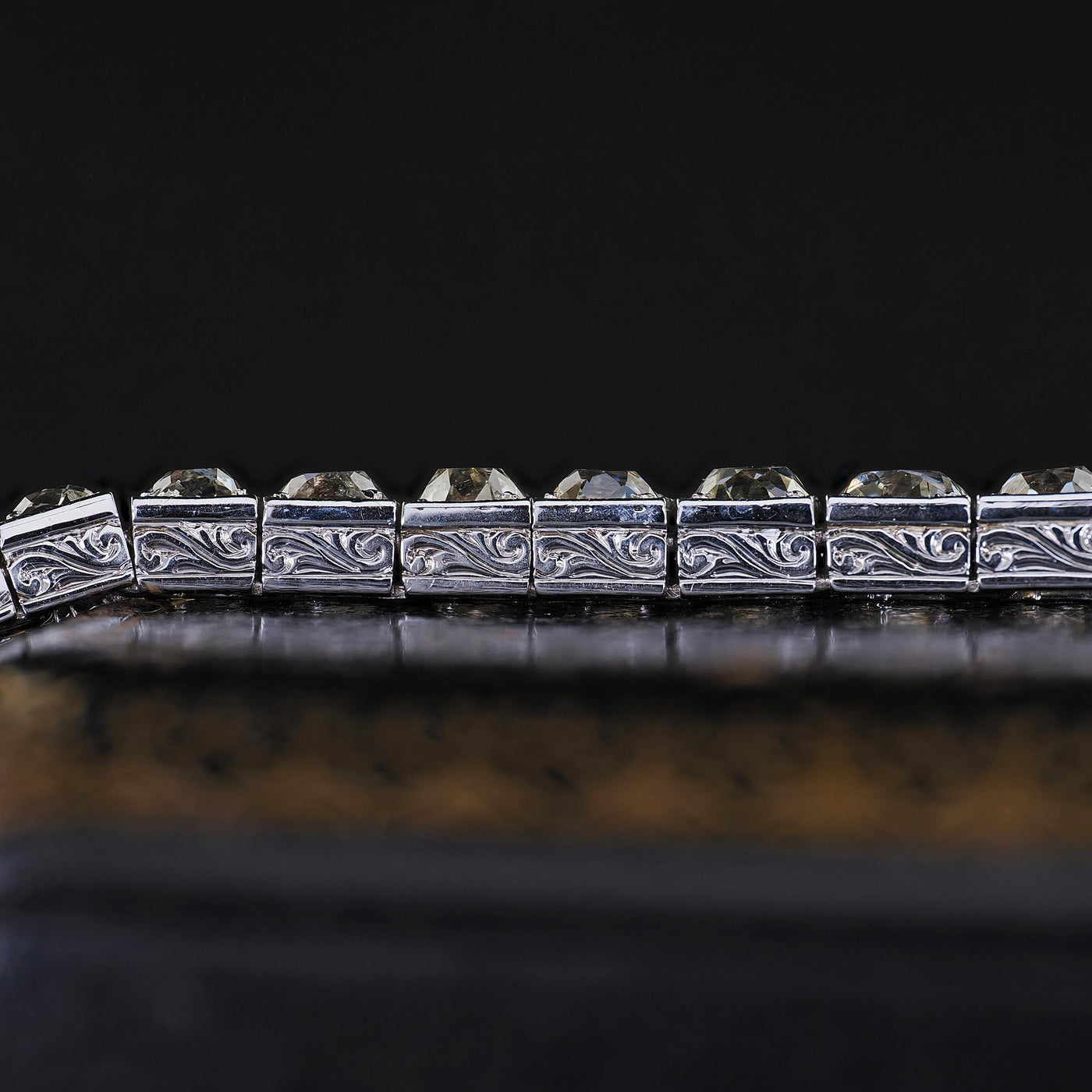 Antique Art Deco Platinum Old Mine Graduated Diamond Engraved Tennis Bracelet