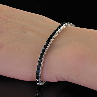 Antique Art Deco Platinum French Cut Onyx Engraved Line Bracelet