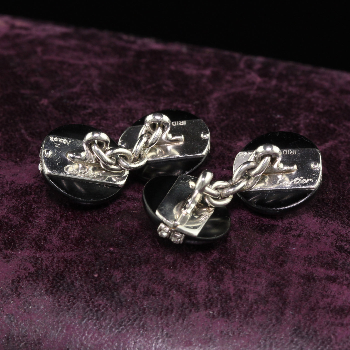 Antique Art Deco Cartier Platinum Diamond Emerald and Onyx Cufflinks