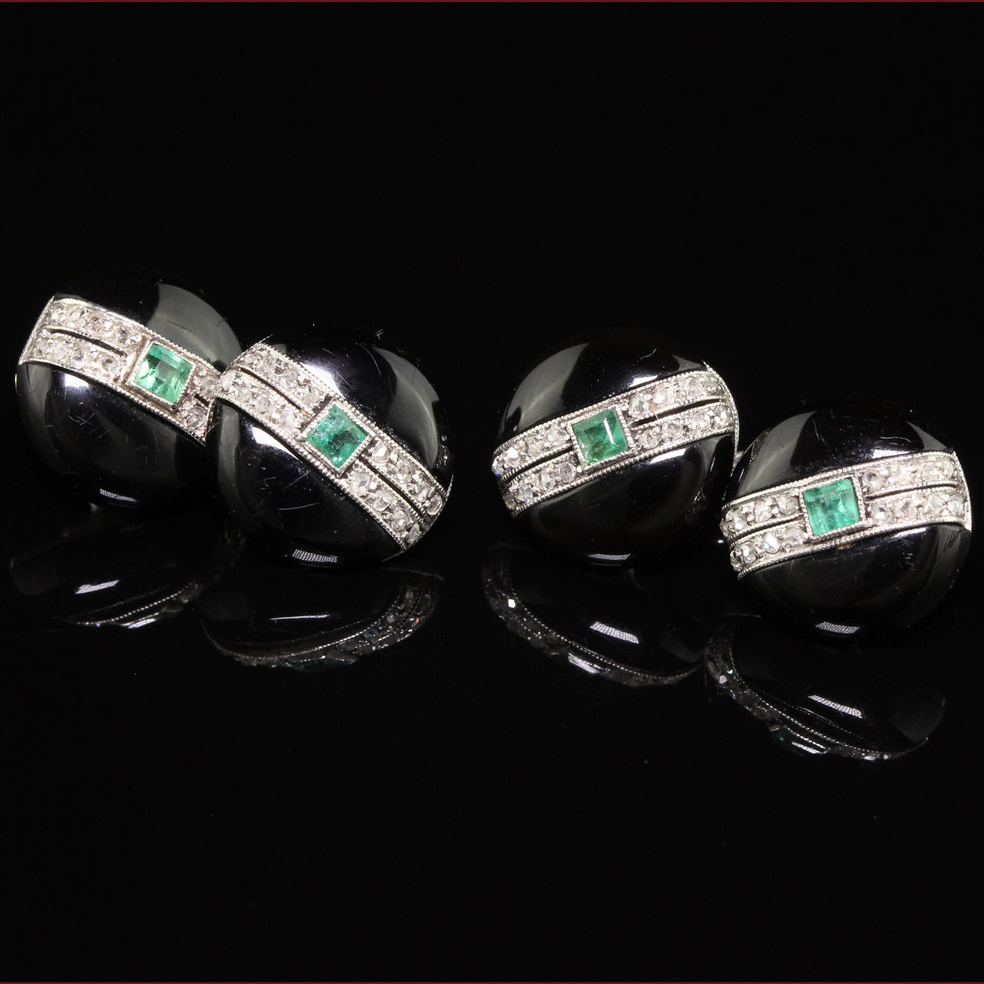 Antique Art Deco Cartier Platinum Diamond Emerald and Onyx Cufflinks