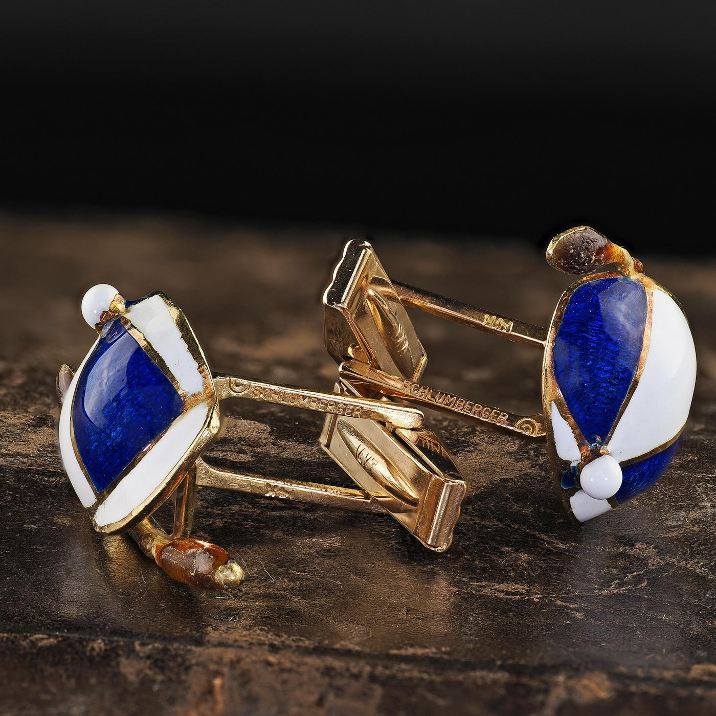 Vintage Tiffany Shlumberger 14K/18K Gold Enamel Jockey Cufflink Tie Stud Set