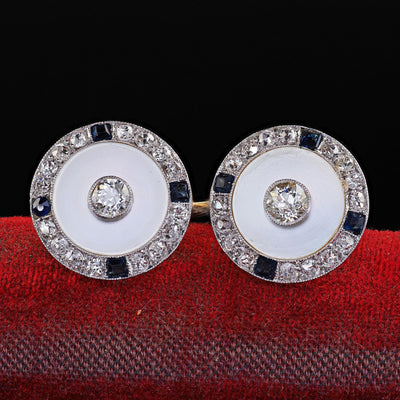 Antique Edwardian 14K Gold Platinum Diamond Sapphire Mother of Pearl Cufflinks