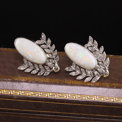 Antique Art Deco 18K/10K White Gold Opal and Diamond Wreath Earrings