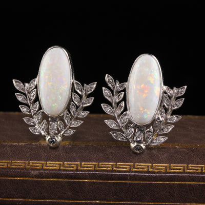 Antique Art Deco 18K/10K White Gold Opal and Diamond Wreath Earrings