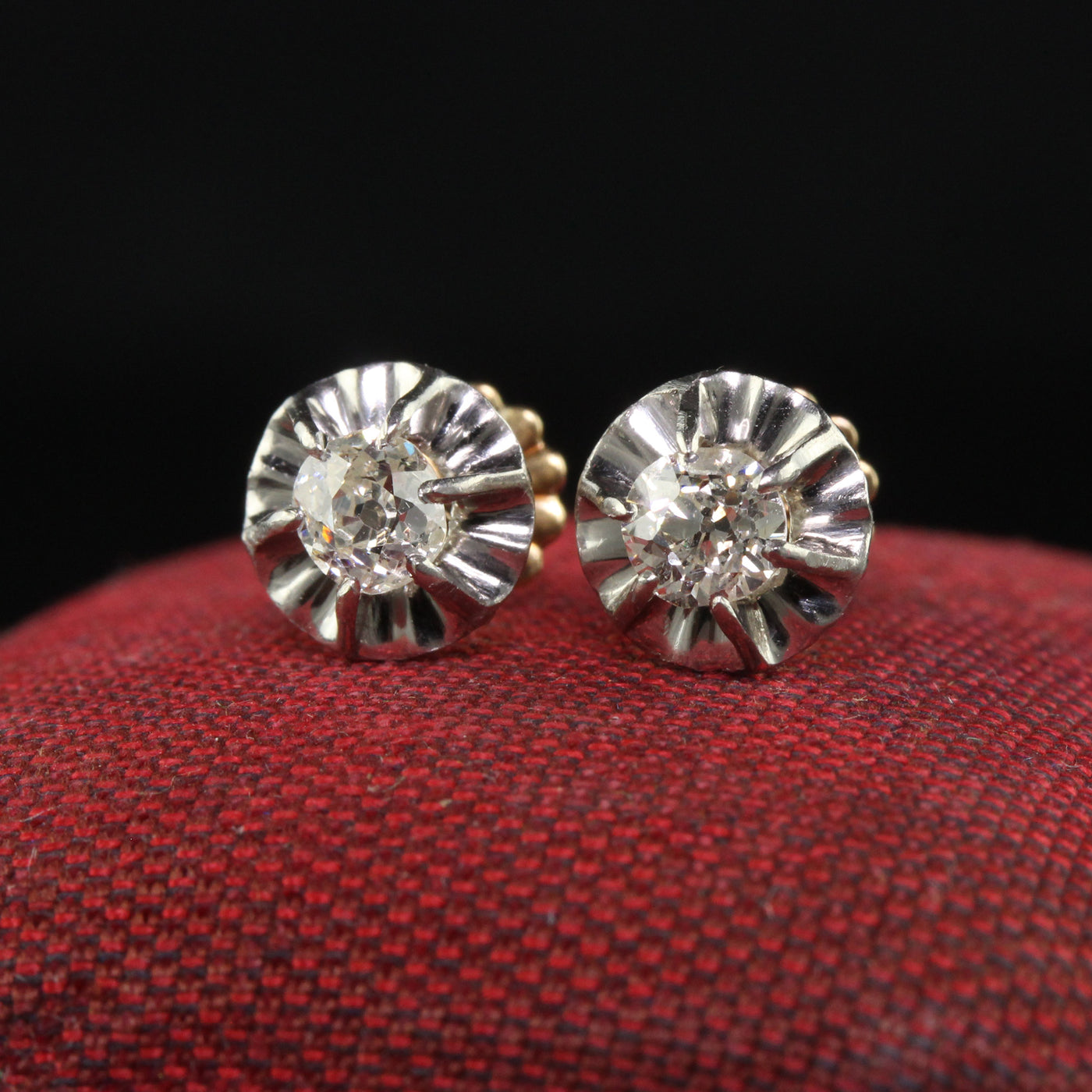 Antique Edwardian 18K Yellow Gold and Platinum Old Mine Diamond Stud Earrings