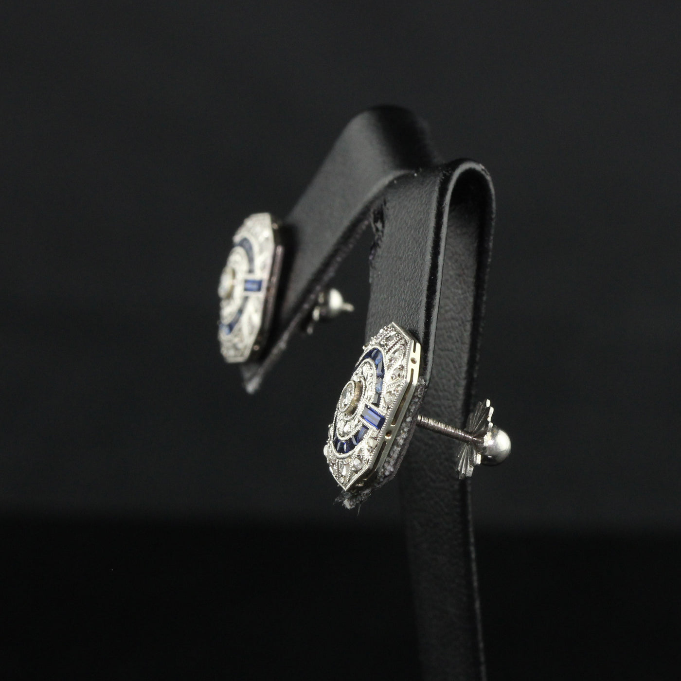 Antique Art Deco 18K White Gold Rose Cut Diamond and Sapphire Panel Earrings