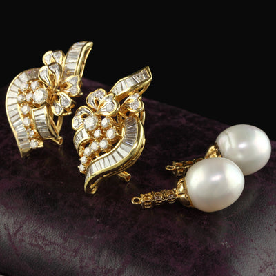 Vintage 18K Yellow Gold Diamond and South  Sea Pearl Drop Earrings